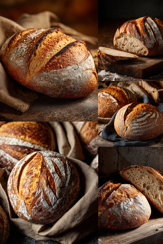 Collage of various loaves of bread with rustic textures and colors.