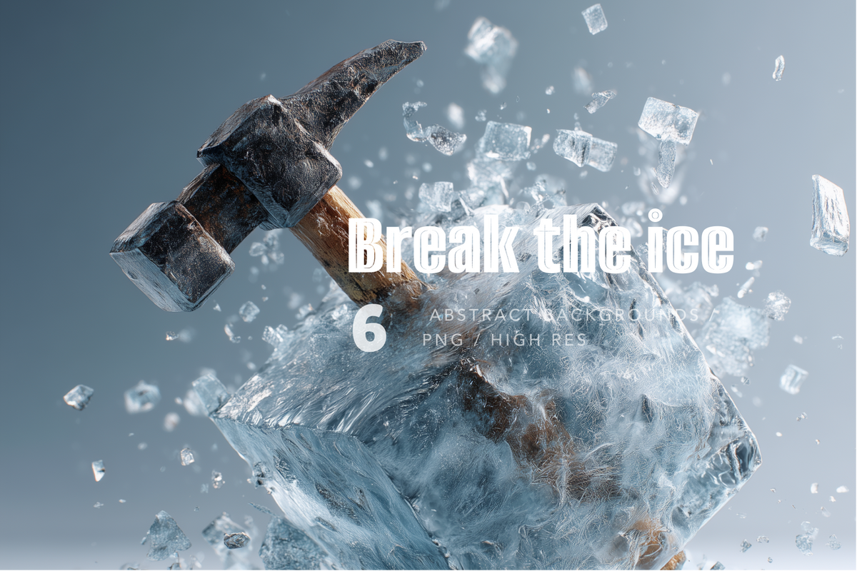 Abstract digital background graphic featuring a large ice cube being shattered by a hammer, with floating ice shards and overlaid text reading 'Break the ice' and '6'.