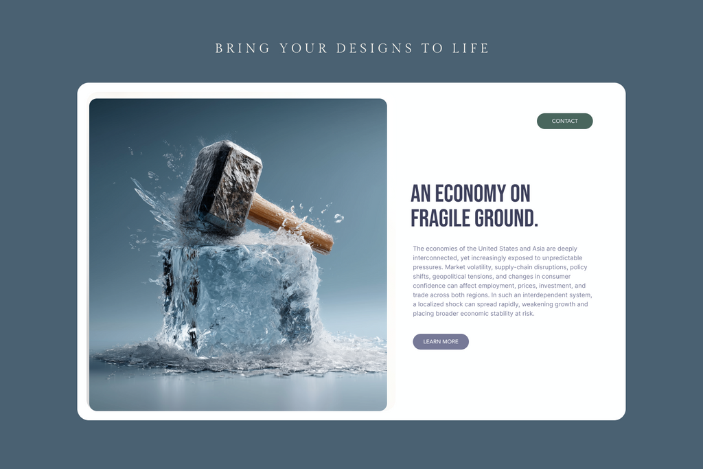 A website or landing page mockup on a slate blue background, featuring a large white rounded card with a hammer breaking ice photo, headline text 'AN ECONOMY ON FRAILEGUND.', smaller body text, and buttons labeled CONTACT and LEARN MORE.