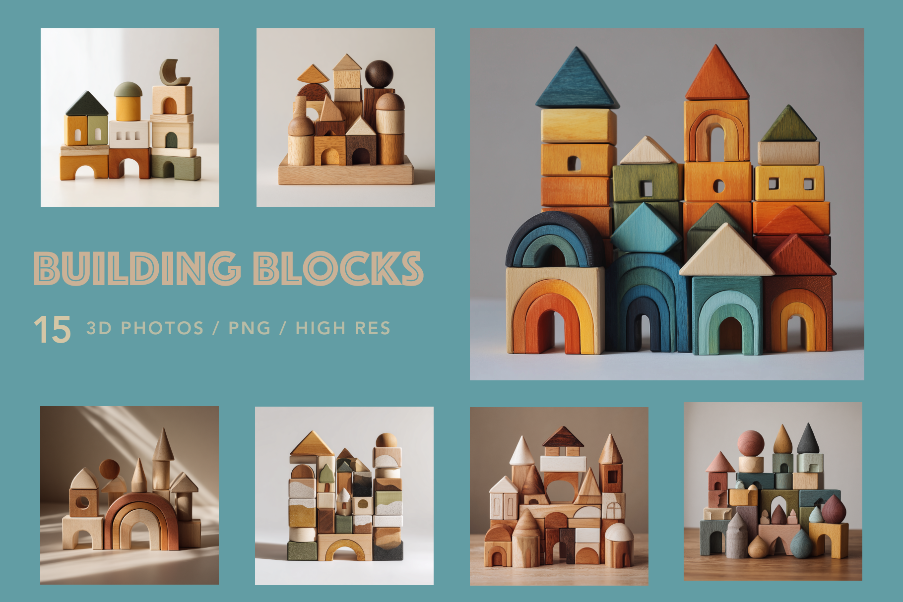 Collage of wooden building blocks in various shapes and colors on a teal background.