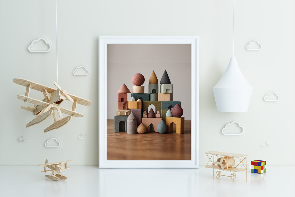 Framed picture of a toy castle on a wooden surface with toys around