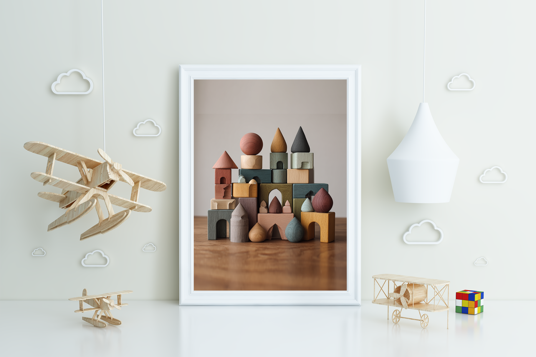 Framed picture of a toy castle on a wooden surface with toys around