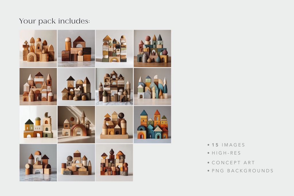 Grid of wooden toy block structures with a description of included items.