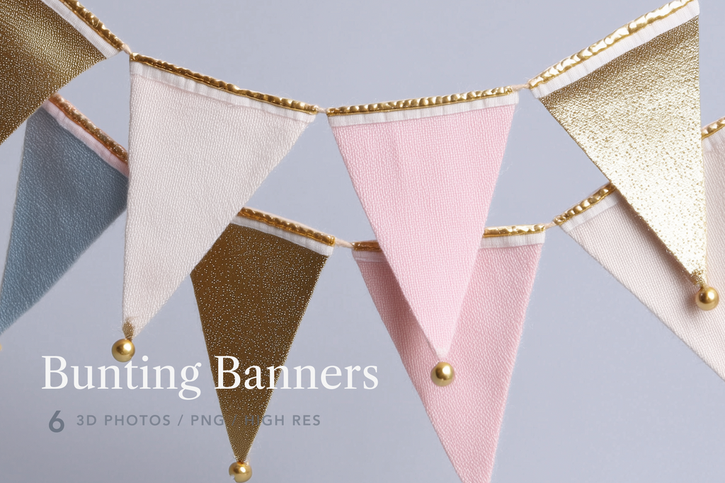 Bunting banners with gold, pink, and white triangles on a light gray background