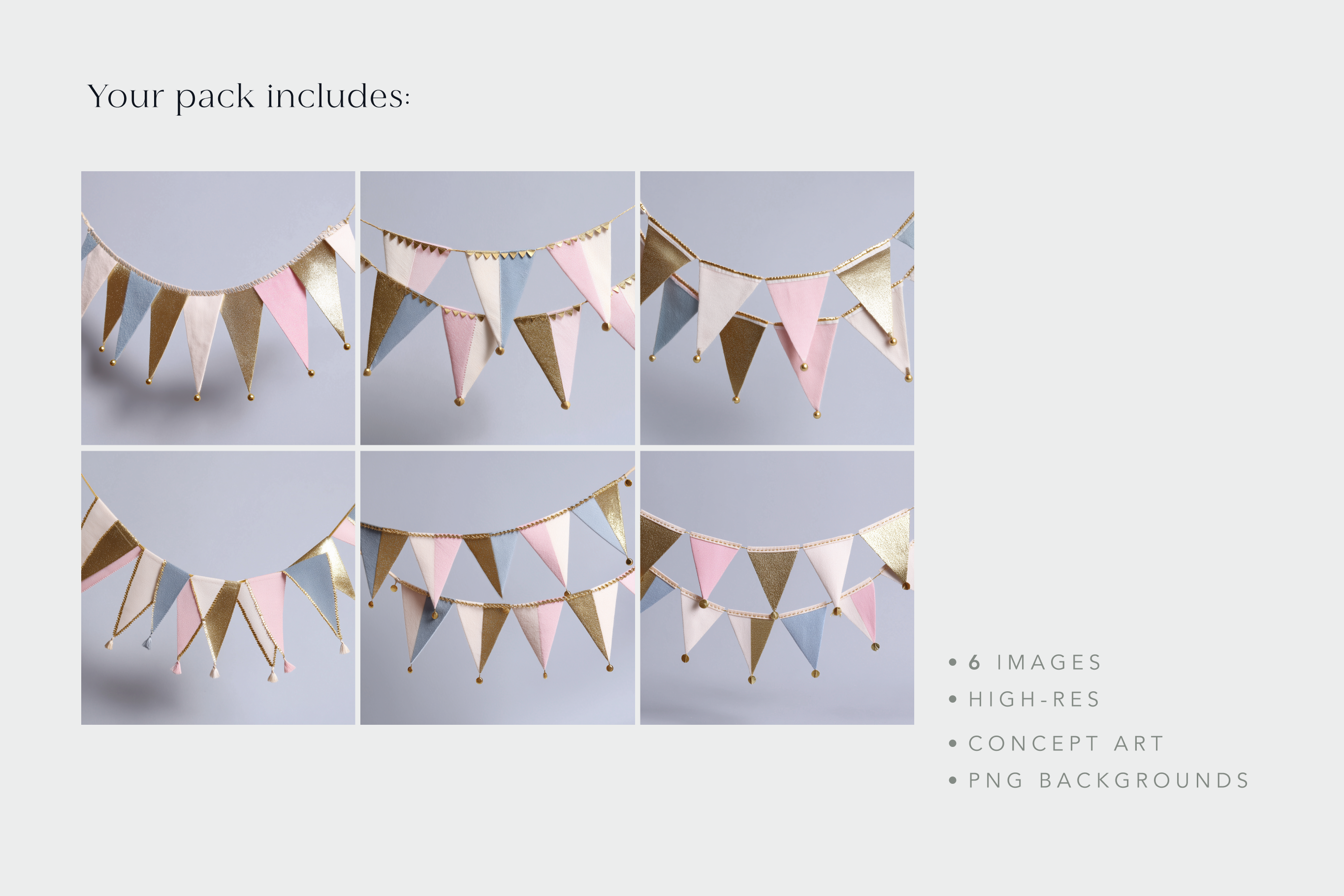Set of six images of a paper banner with pink, gold, and white flags on a gray background.