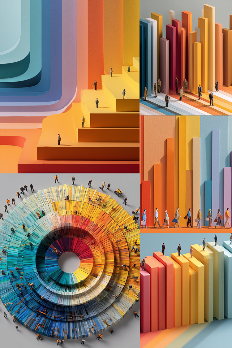 Collage of colorful geometric shapes with people on a gray background