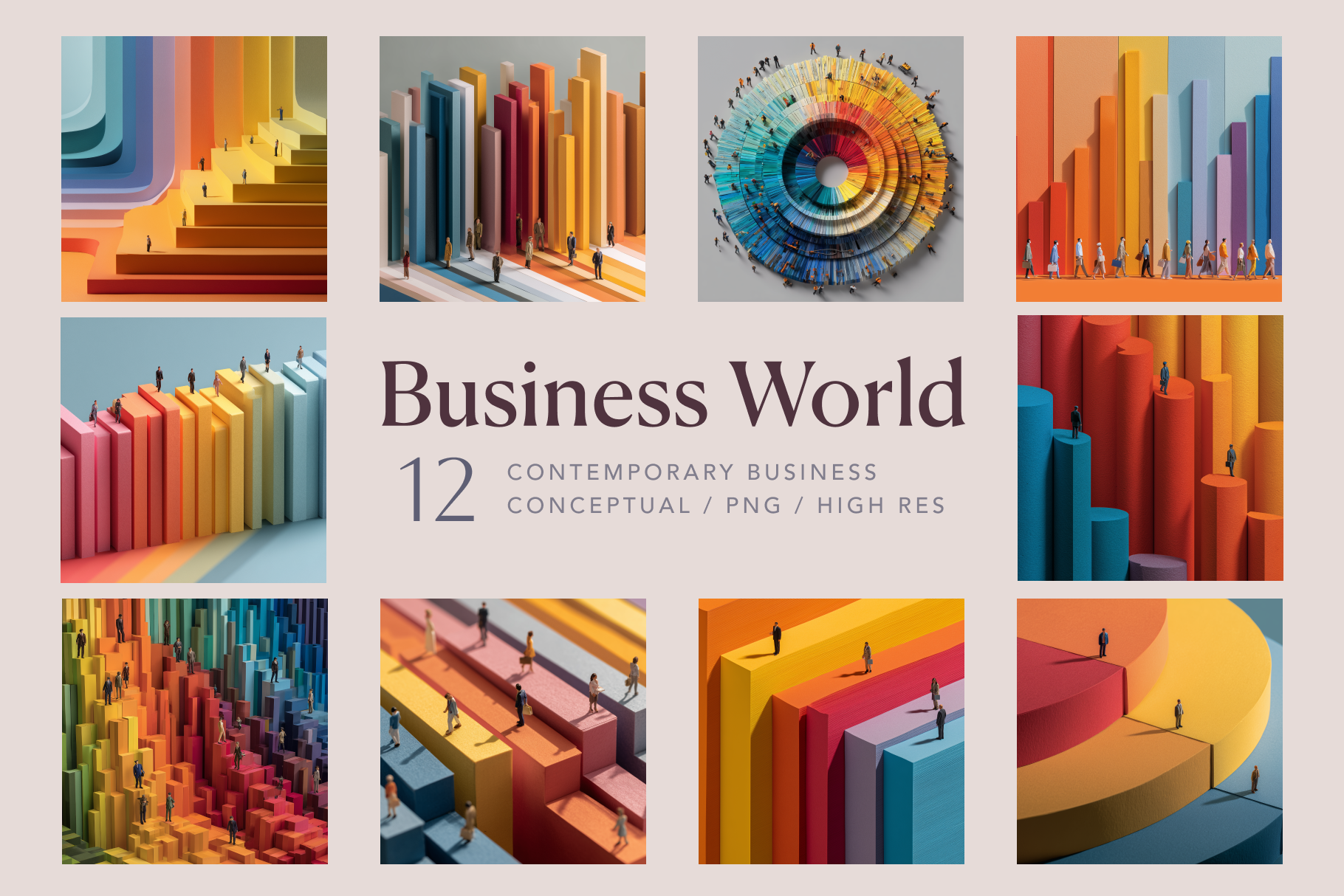 Collage of colorful business-themed graphics with 'Business World' text.