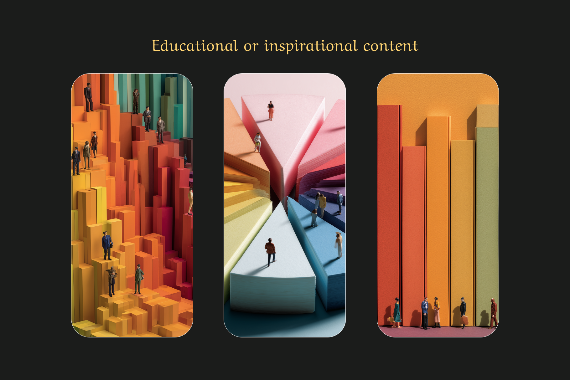 Three colorful abstract landscapes with people on a black background