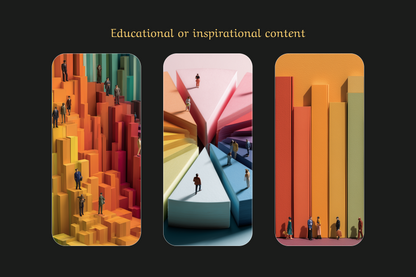 Three colorful abstract landscapes with people on a black background