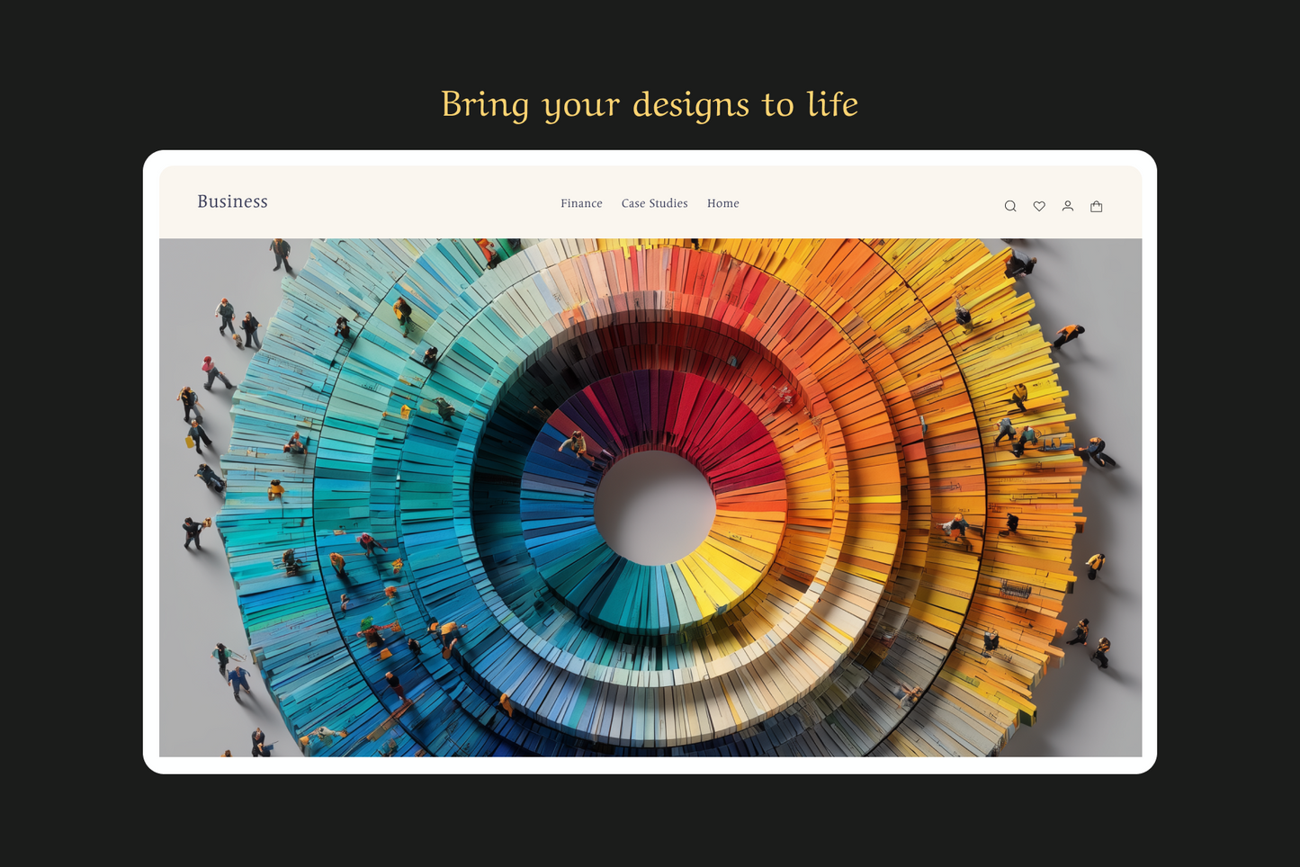 Color wheel with people around it on a computer screen, with text 'Bring your designs to life' above.