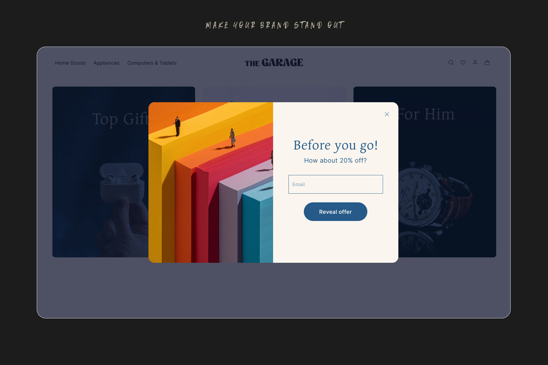 Website interface with a promotional pop-up overlay on a dark background