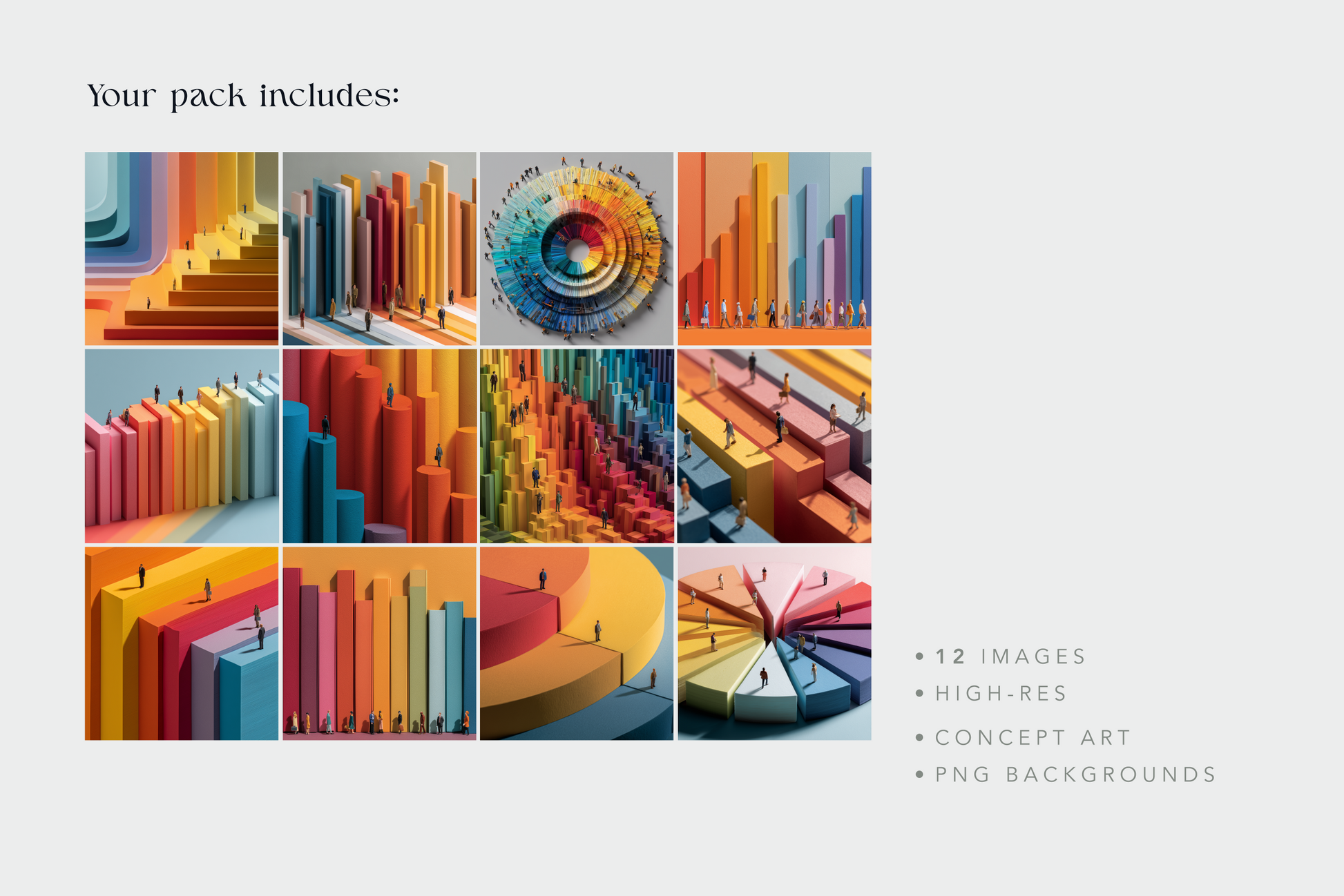 Collection of colorful geometric shapes and patterns on a white background