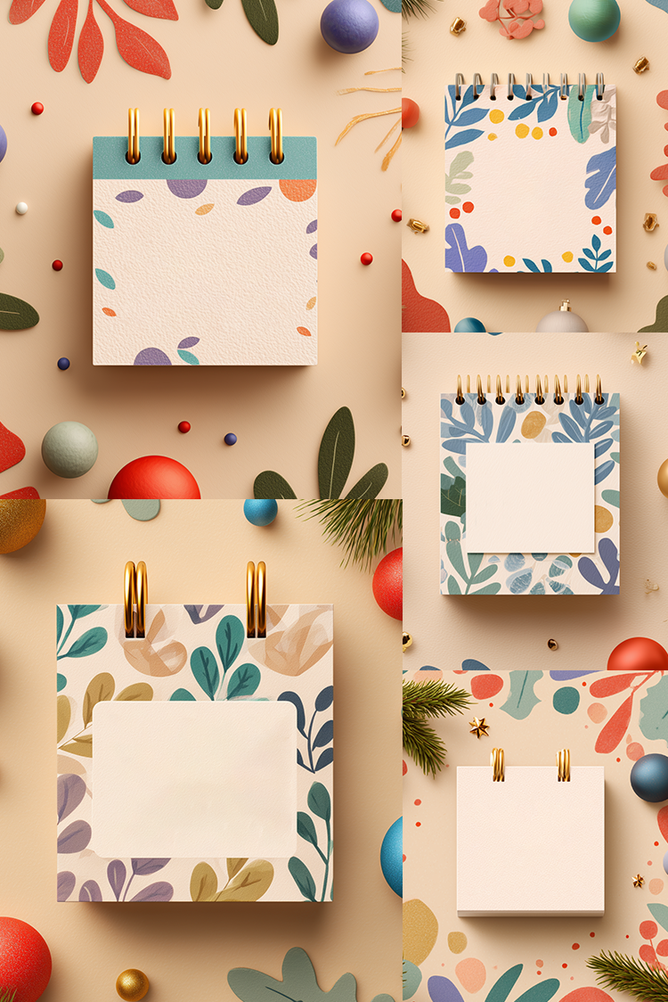 Colorful notepads with floral designs on a patterned background