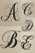 Five ornate black calligraphic capital letters A through E arranged on a beige textured background.