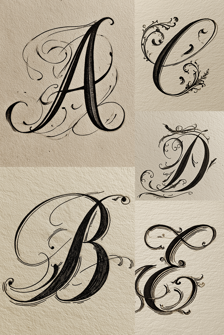 Five ornate black calligraphic capital letters A through E arranged on a beige textured background.