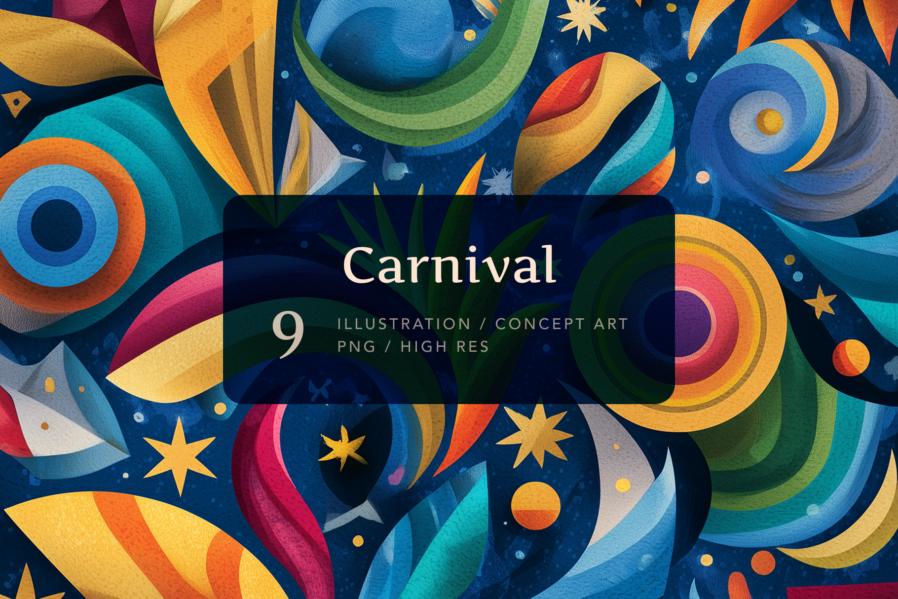 Colorful illustration with the word 'Carnival' and abstract shapes on a dark blue background.