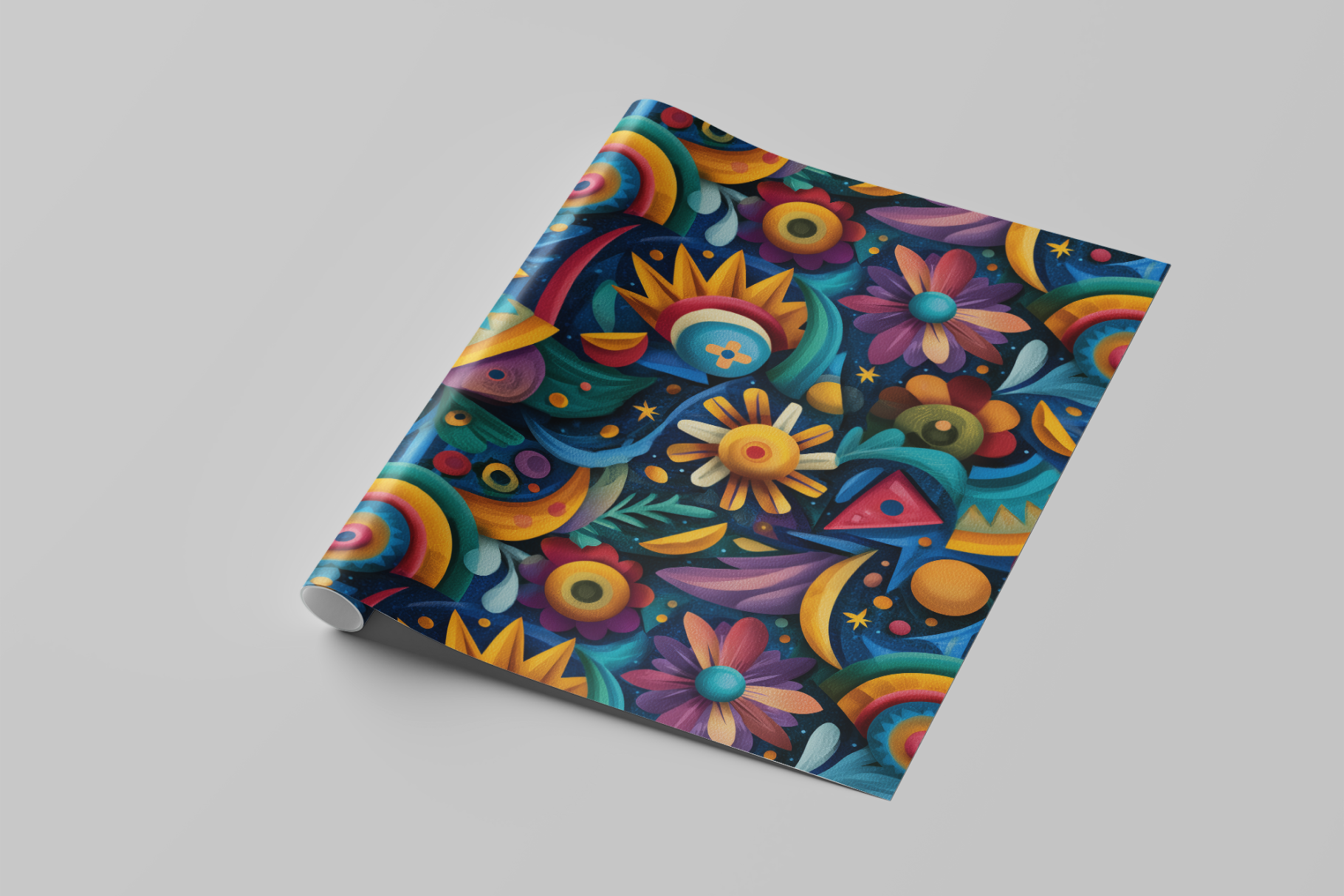 Colorful fabric with abstract patterns on a gray background