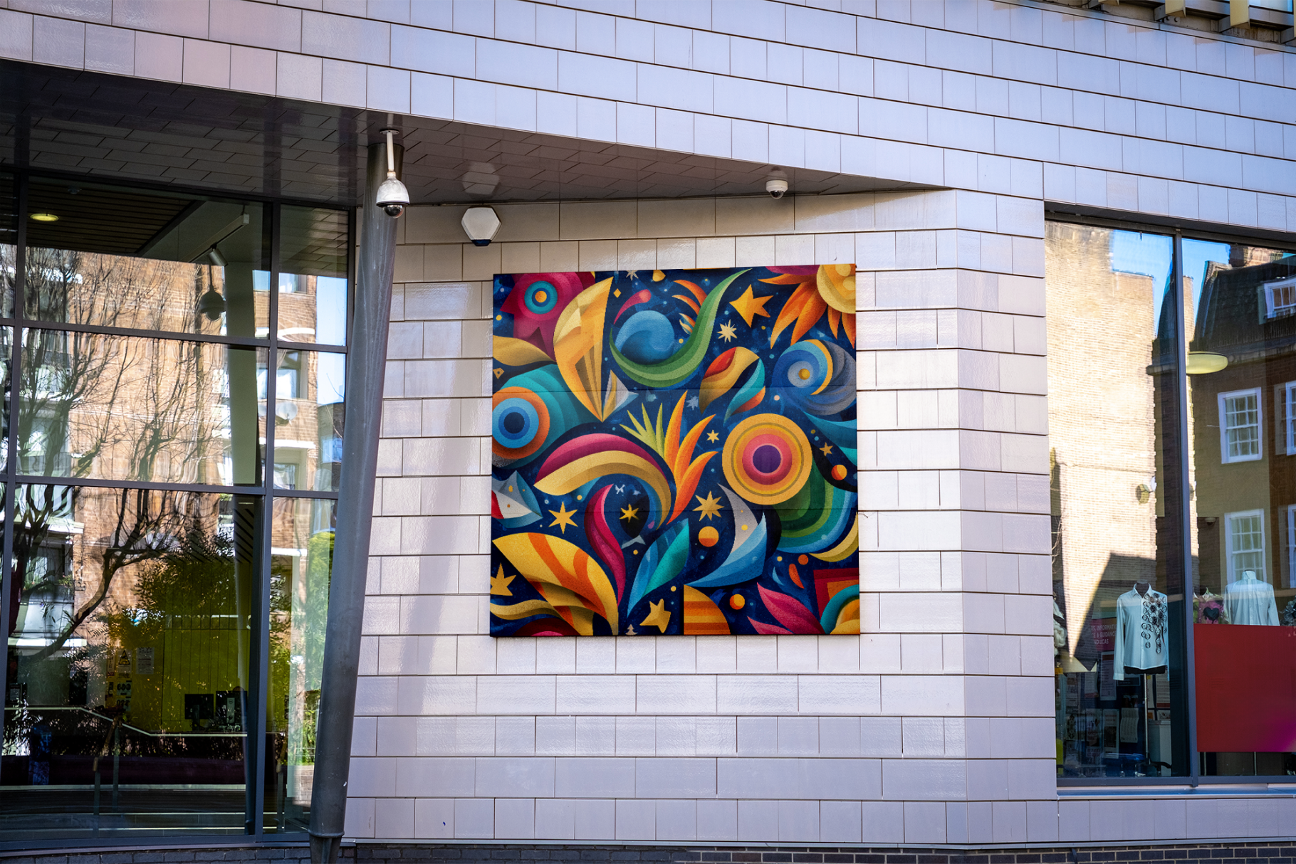 Colorful abstract mural on a building wall with reflections in glass windows.