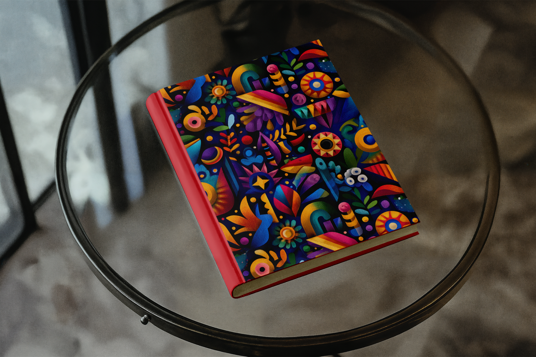 Colorful notebook with abstract design on a glass table