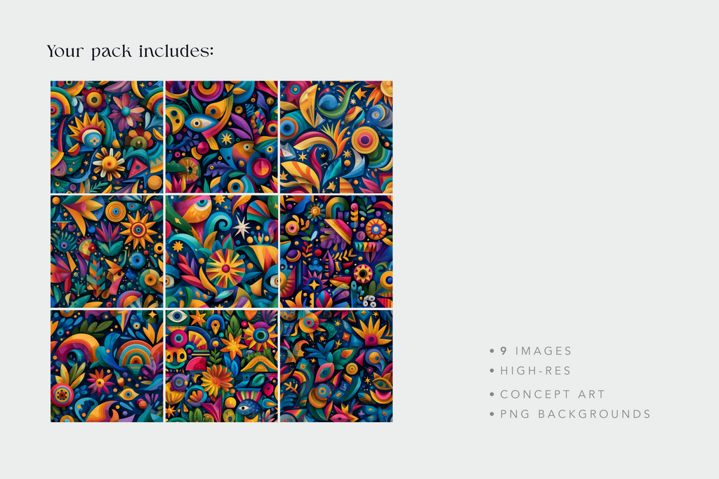 Colorful patterned tiles arranged in a grid on a white background with text about the pack contents.