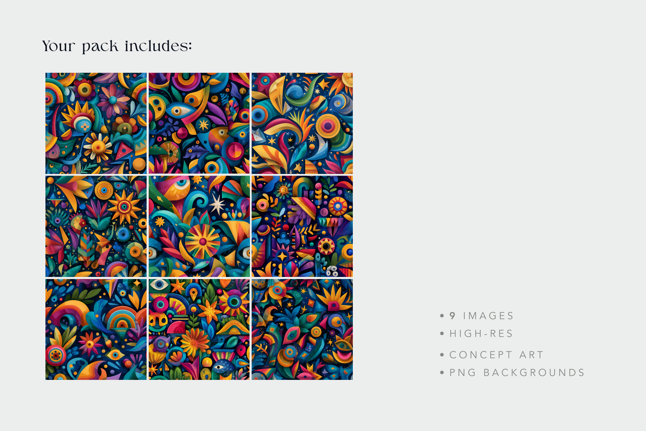 Colorful patterned tiles arranged in a grid on a white background with text about the pack contents.