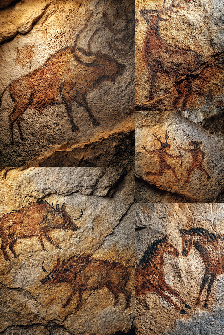 A collage of six panels showing prehistoric cave paintings on rock faces, including a bison, deer, figures, a warthog, and horses, in earthy brown and reddish tones against tan stone.