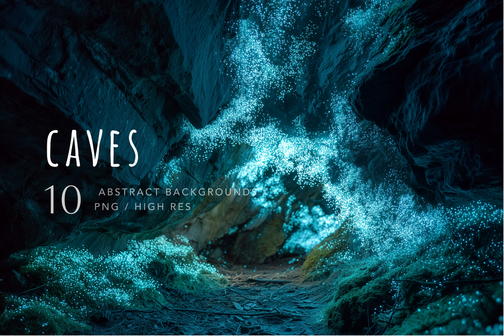 Digital cover art for a pack of 10 abstract cave backgrounds, featuring a glowing bioluminescent blue and cyan cave scene with white text overlay reading 'CAVES 10 ABSTRACT BACKGROUND PNG / HIGH RES'.