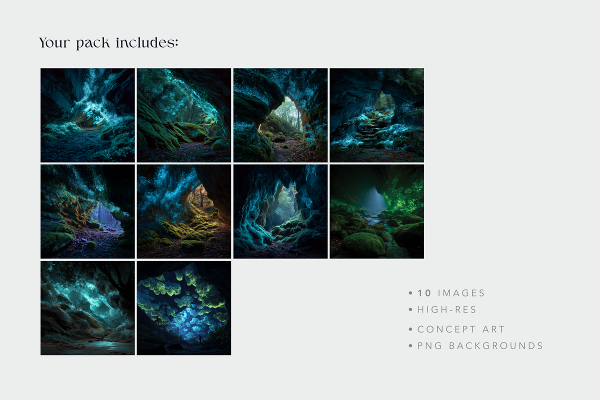 A promotional graphic for a digital art pack showing a grid of fantasy cave and glowing blue-green landscape images, with text stating 'Your pack includes:' and bullet points for 10 high-res images, concept art, and PNG backgrounds.