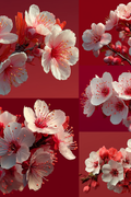 Collage of cherry blossoms on a red background