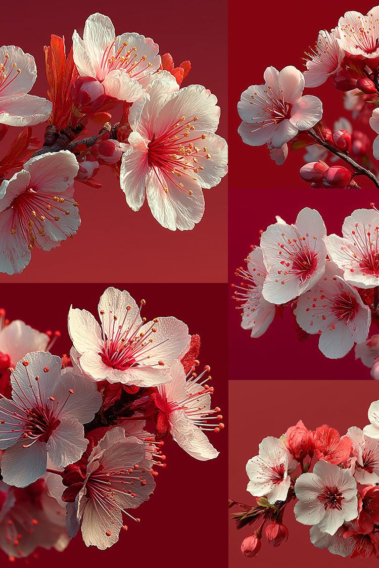 Collage of cherry blossoms on a red background