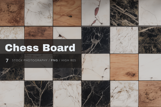Chess board with marble and wood pattern tiles