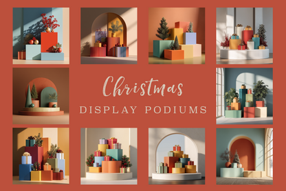 Collage of Christmas display podiums with colorful geometric shapes and plants on a red background.