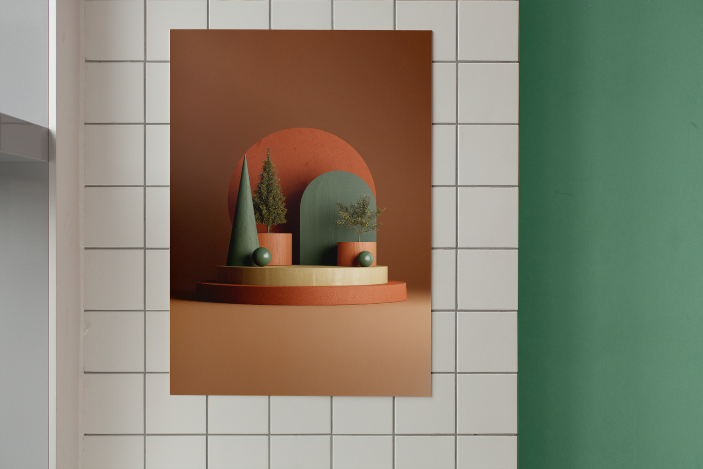 Artistic wall decoration with geometric shapes and plants on a tiled wall.