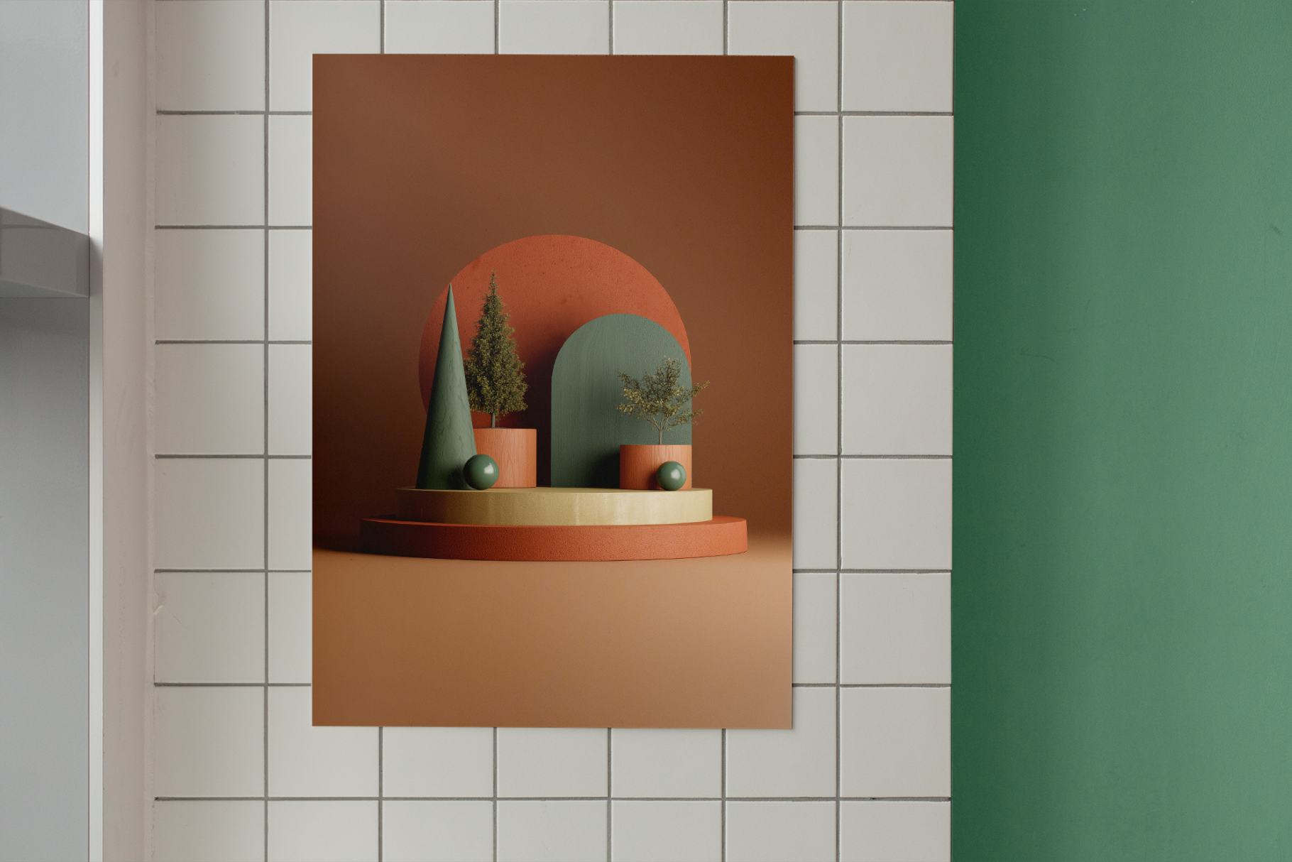 Artistic wall decoration with geometric shapes and plants on a tiled wall.