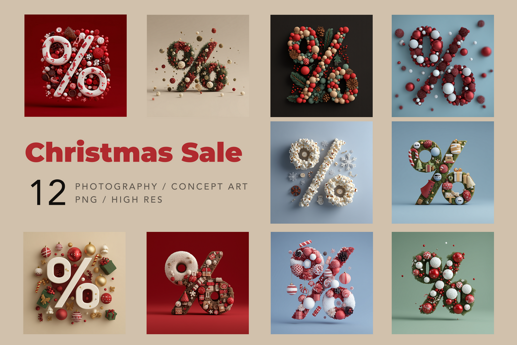 Collection of Christmas-themed designs with decorative elements on a beige background, labeled 'Christmas Sale'.