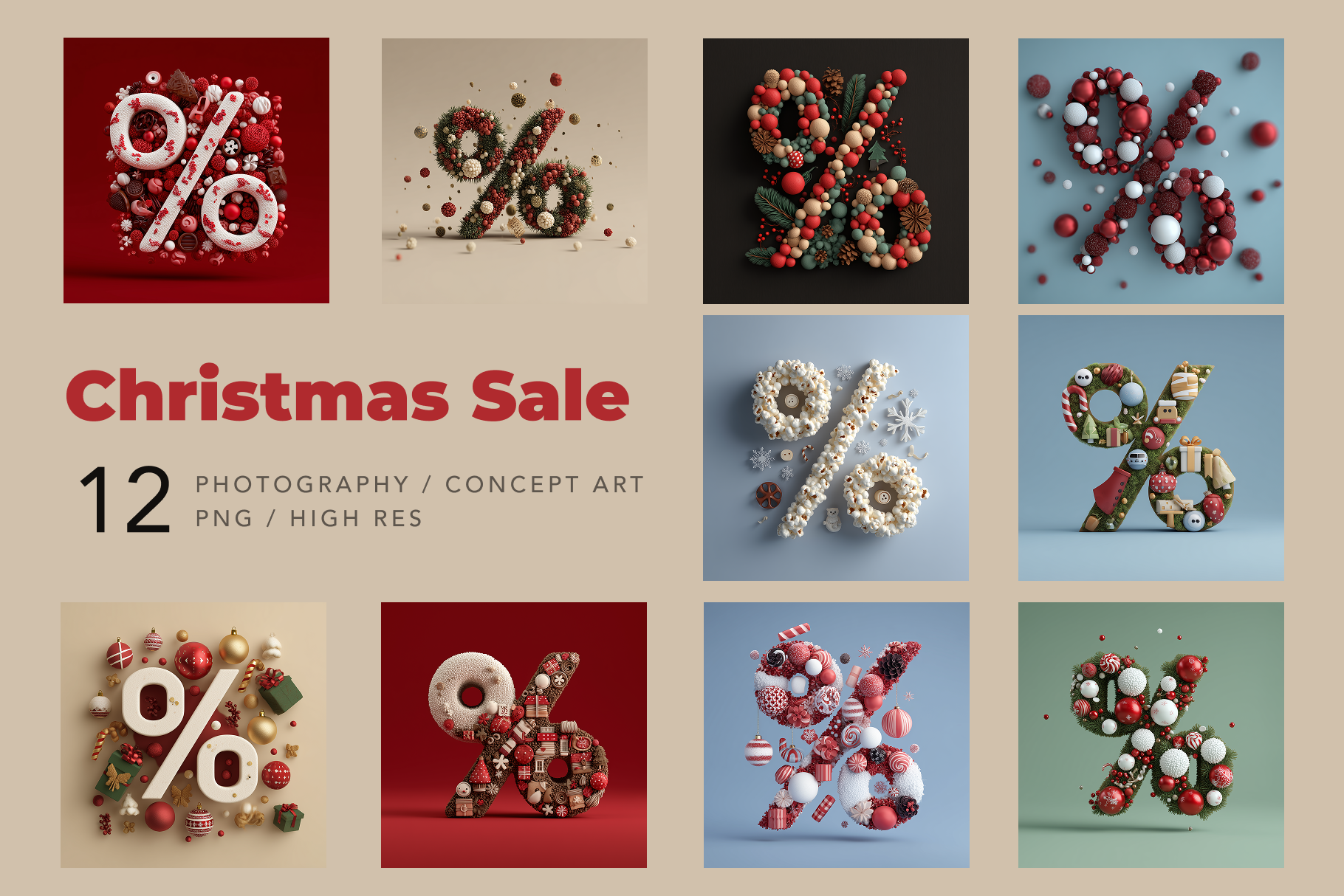 Collection of Christmas-themed designs with decorative elements on a beige background, labeled 'Christmas Sale'.