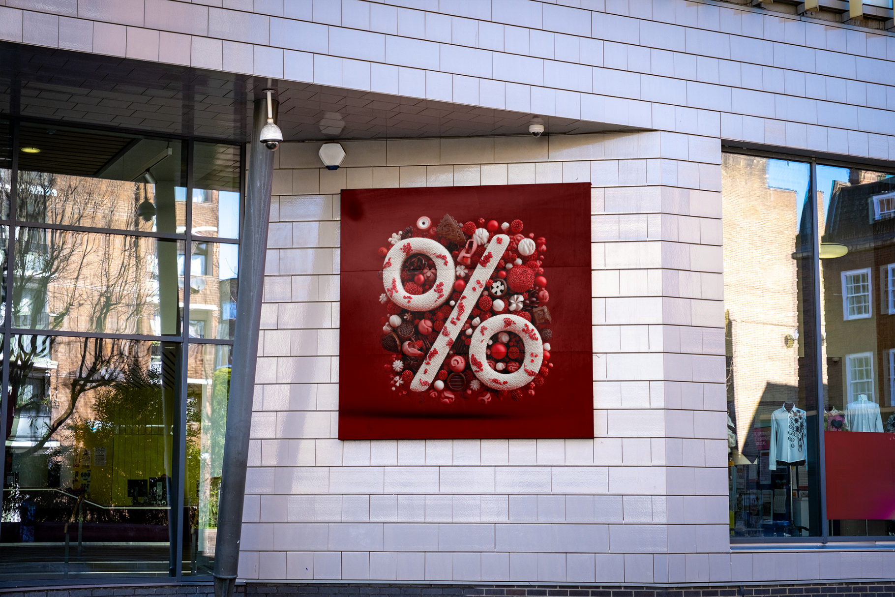 Red square sign with decorative elements on a building facade