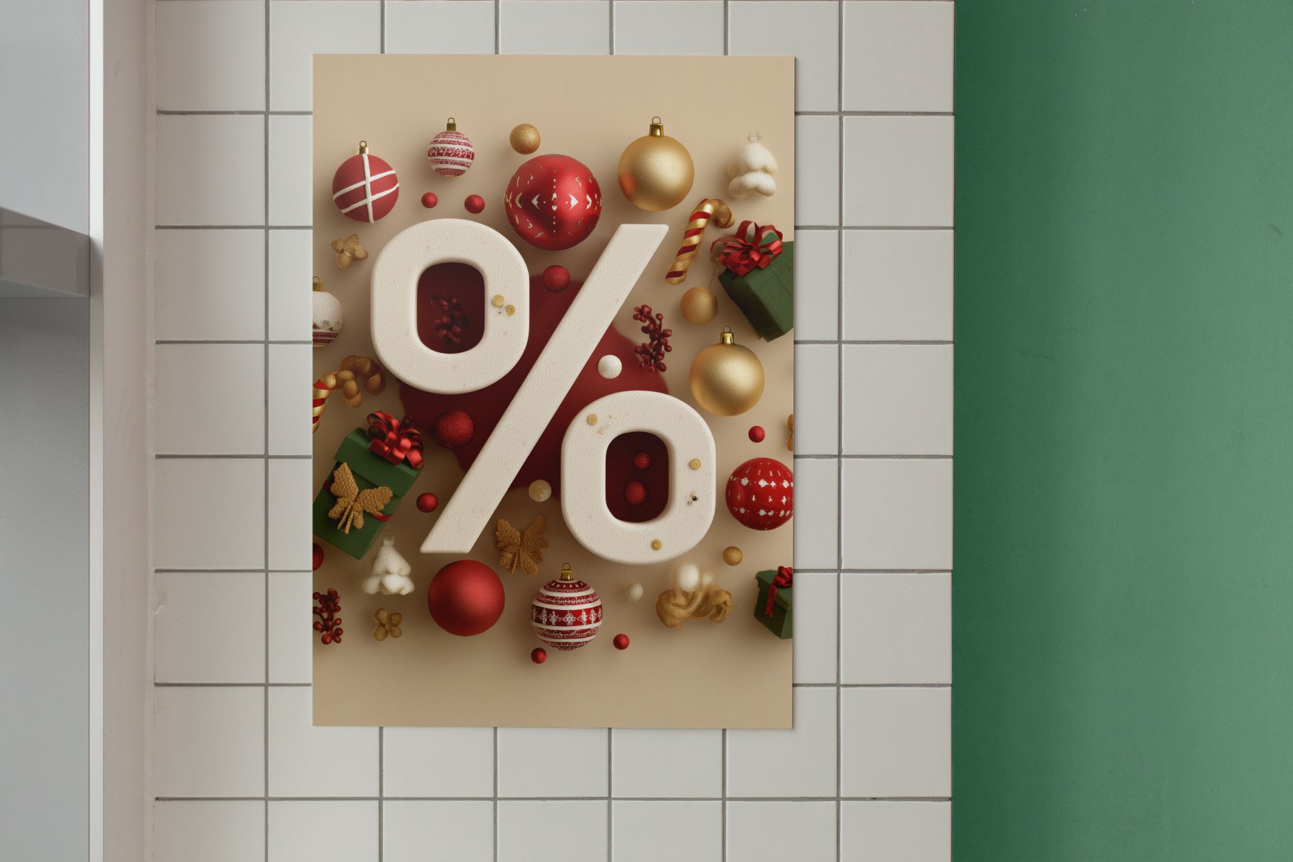 Decorative poster with Christmas ornaments and a percentage symbol on a tiled wall.