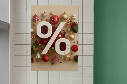 Decorative poster with Christmas ornaments and a percentage symbol on a tiled wall.