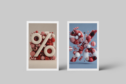 Two framed artworks with decorative elements on a gray background