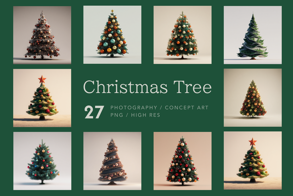 Collage of Christmas trees with a green border and text indicating the number of images and file types.