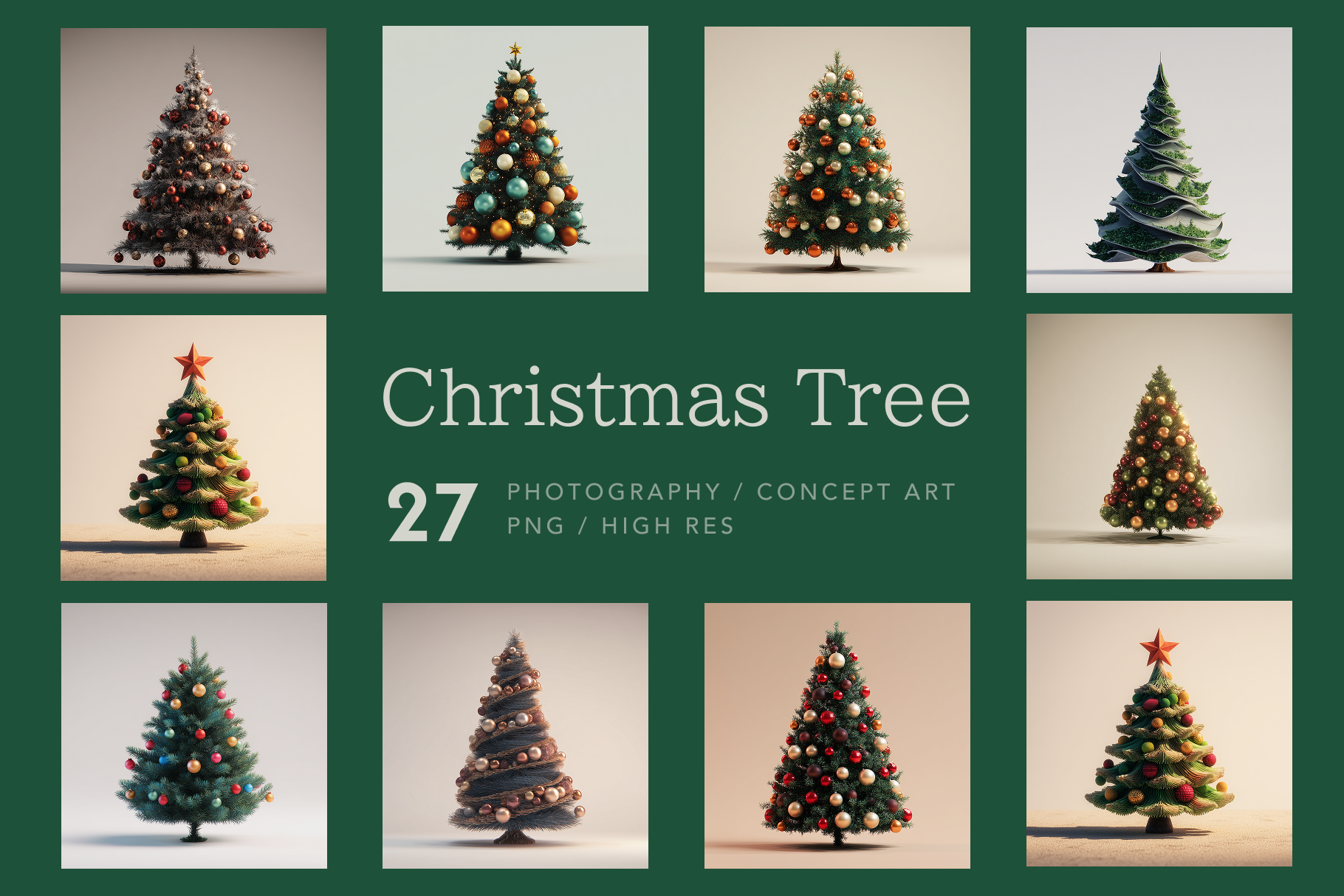 Collage of Christmas trees with a green border and text indicating the number of images and file types.