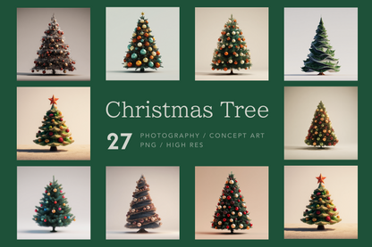Collage of Christmas trees with a green border and text indicating the number of images and file types.