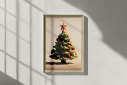 Framed artwork of a Christmas tree with a star on top, casting shadows on a light-colored wall.