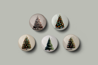 Five buttons with Christmas tree designs on a light gray background