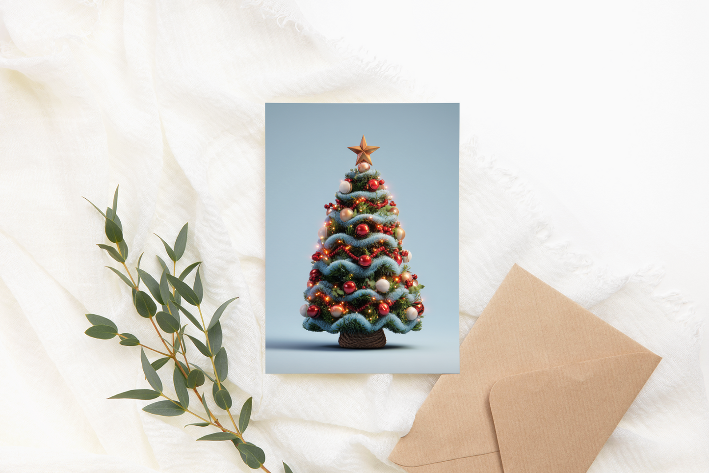 Christmas card with a decorated tree on a light blue background, placed on a textured white surface with a brown envelope and greenery.