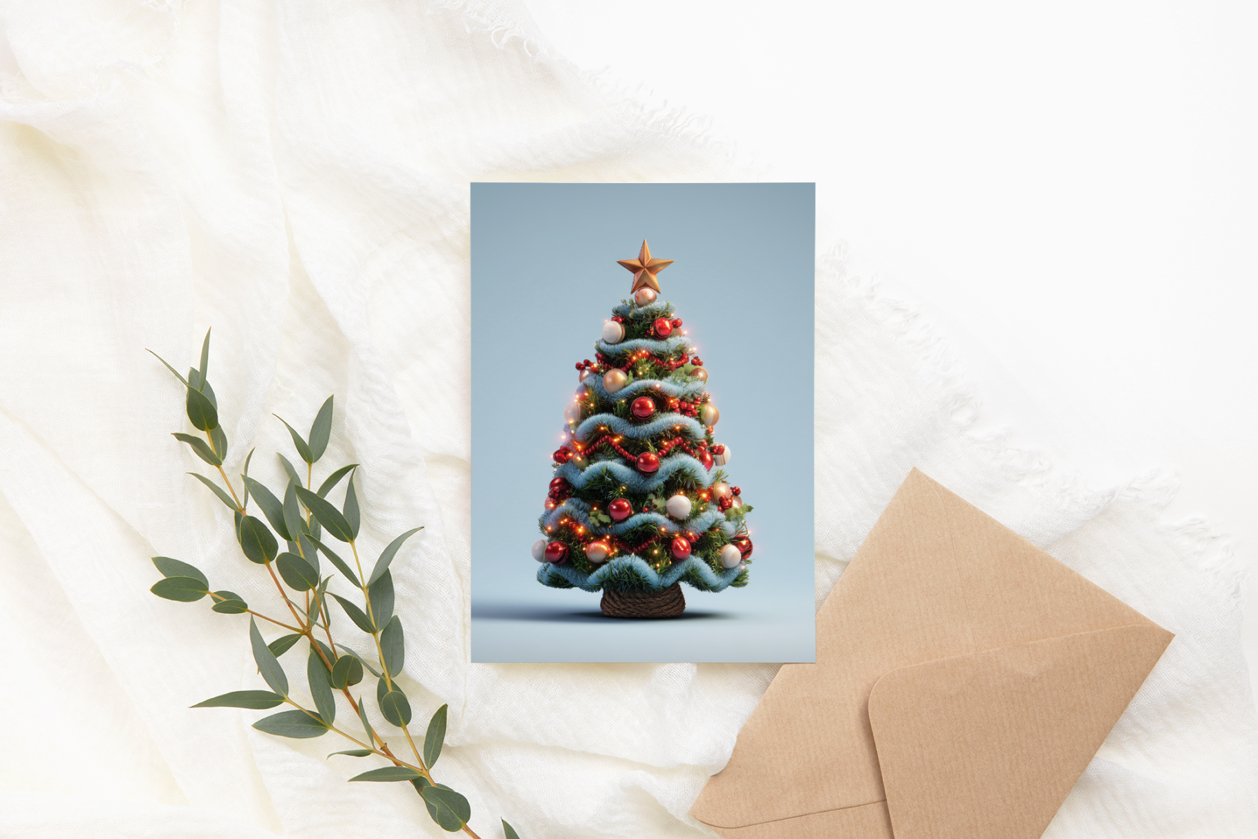Christmas card with a decorated tree on a light blue background, placed on a textured white surface with a brown envelope and greenery.