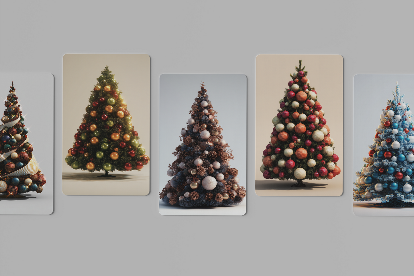 Five Christmas tree cards with different color schemes on a gray background