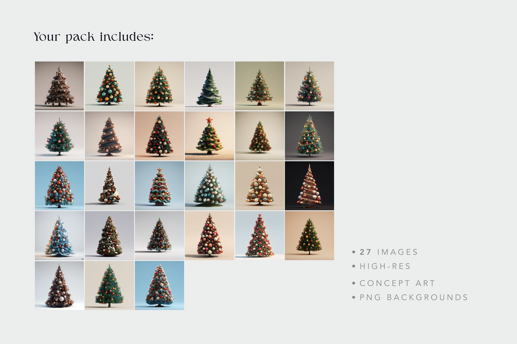 Grid of Christmas tree illustrations with a text overlay on a light gray background
