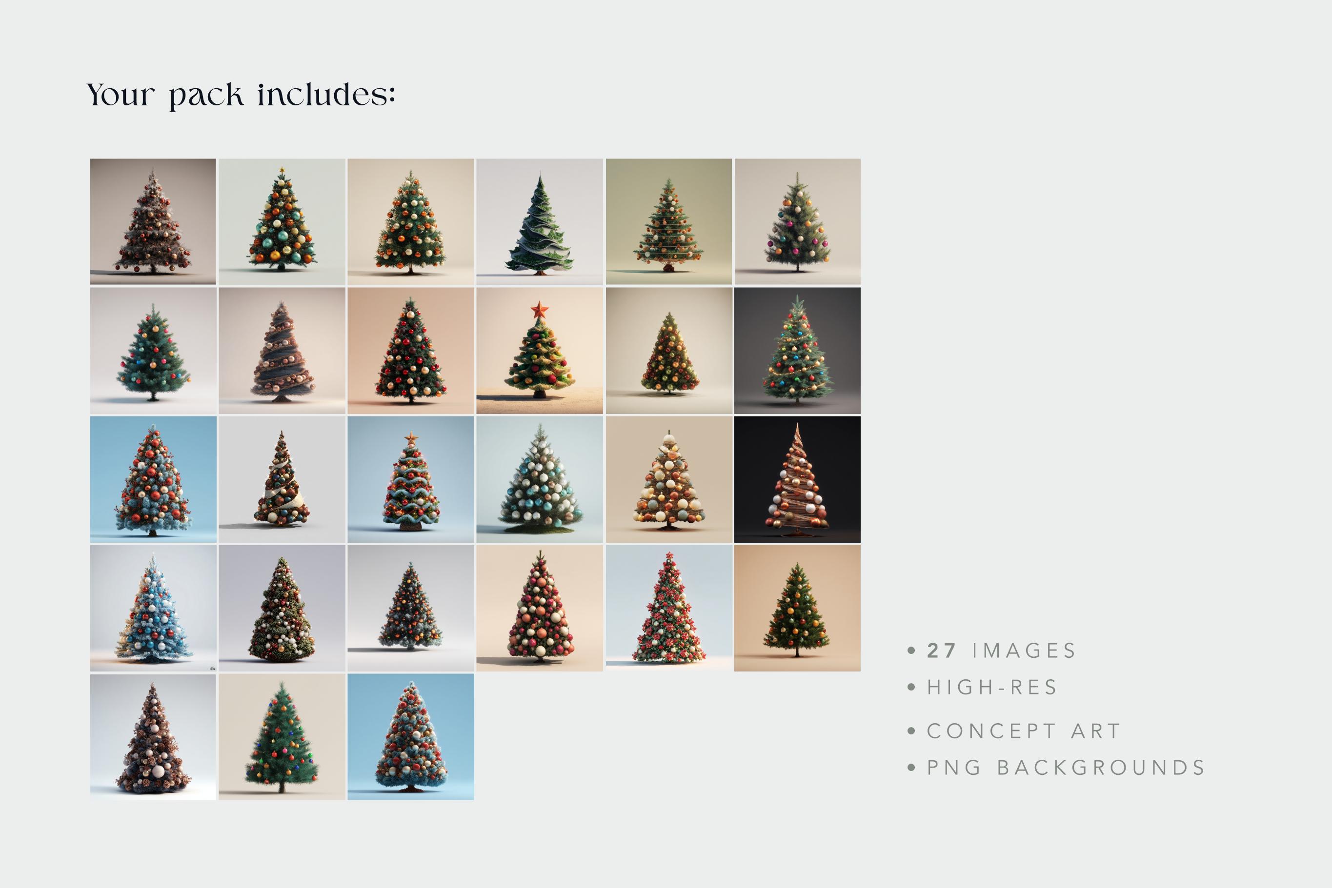 Grid of Christmas tree illustrations with a text overlay on a light gray background